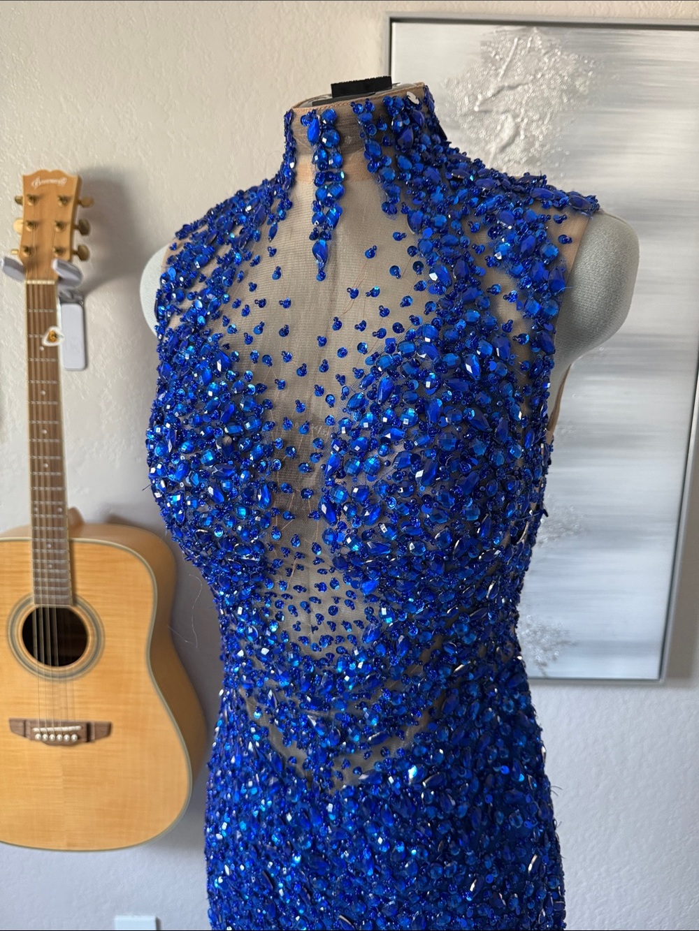 Royal Blue Handmade / Hand Beaded and Crystals Illusion Gown